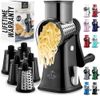 Rotary Cheese Grater with Handle & Upgraded Suction Base - Cheese Shredder with 5 Interchangeable Stainless Steel Blades - Multifunctional Vegetable Cutter & Nut Grinder with Blade Storage Box (Black)