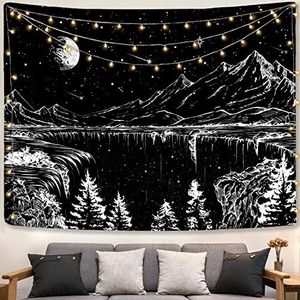 Zussun Black and White Tapestry Starry Night Mountain Tapestries for Bedroom Aesthetic Moon and Stars Tapastry's Wall Hanging Dark Nature Forest Wall Tapestry for Living Room Dorm (48'' × 36'')