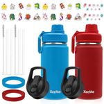 XccMe 16oz Kids Water Bottle,2 Pack Stainless Steel Drink Flask with 4 Lids,Plastic Straws,Straws Brushs,Silicone Pad,Cute Stickers,Double Wall Insulated Thermos for School Girls and Boys (Blue+Red)