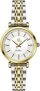 SHENGKE SK Montre Classique pour Femme avec Bracelet en Acier Inoxydable et Bracelet en Cuir véritable (Silver-Gold)
