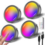 Colour Changing Rechargeable Puck Lights with Remote, Black Battery Operated Spotlights Stick On Lights for Under Cupboards USB RGB Kitchen Cabinet Lights Magnetic LED Touch Light for Shelf Bookcase