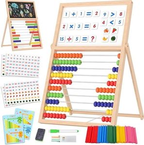 Gotoofun Wooden Abacus for Kids Math - Double-Sided Blackboard Whiteboard for Toddlers with 308 Magnetic Number & Fruit Cards, 100 Counting Sticks Montessori Educational Toys Homeschool Essentials
