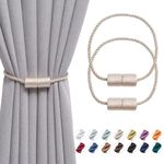 Pretty Jolly 2 Pack Magnetic Curtain Tiebacks 16 Inch Handmade Weave Side Rope Curtain Holdbacks Convenient Decorative Cylinder Curtain Drape Tie Backs for Home & Office Window Drapery (Beige)