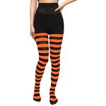 XNHIU Women Halloween Christmas Striped Tights Full Footed Striped Socks Full Length High Waist Leggings Tights Stocking (Orange and Black)
