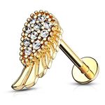 Forbidden Body Jewelry 16g 6mm Internally Threaded Cartilage/Tragus/Labret/Monroe Stud w/CZ Angel Wing Top, 14k Gold Plated