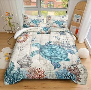 Sea Turtle Comforter Set Coastal Beach Comforter King Size Blue Sea Ocean Theme Pattern Sea Teal Turtle Bedding Decor 1 Comforter 2 Pillowcases 1 Cushion Cover (King, Turtle)