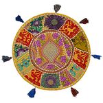 Stylo Culture Ethnic Floor Cushion Round Reading Corner Throw Pillow Cover Yellow 45 x 45cm Patchwork Vintage Boho Elegant 18 Inch Lounge Cotton Embroidered Pouf Footstool Cover