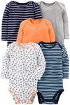 Simple Joys by Carter's Baby Boys' Long-Sleeve Bodysuit, Pack of 5, Blue/Orange/Grey, Sailboats/Stripe, Newborn