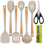 Fyvva Large Cooking Utensils Set 7 Pcs Heat Resistant Silicone Kitchen Utensils Set Food Grade Silicone and Wooden Handles Spatula Soup Ladle Pasta Server Kitchen Gadgets Utensils Set (Khaki)