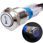 Twidec/16MM Raised Speaker Horn Momentary Push Button Switch 5/8" Mounting Hole 12V Blue Led Light Silver Stainless Steel Shell 1NO 1NC SPDT with Pre-Wiring Wires Switch for Car Modification G16LB-BU