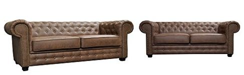 Astor Chesterfield Style Sofa Set 3+2 Seater Armchair Brown Faux Leather (3+2 Seater)