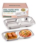 MARU Stainless Steel Tableware Compartment Plates | Creative Shapes Plates with Separators | Partition Mess Tray Set | (2 in 1 Rectangle, 21cm - Set of 4)