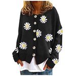 2024 Women Cardigan Autumn Winter Cute Daisy Cardigans Women's Floral Print Long Sleeve V-neck Sweaters Button New Ladies Knitted Cardigan Pockets Sweet Girls Knitted V Neck Vintage Casual Coat