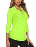 Koscacy Bowling Shirt for Women, 3/4 Sleeve V Neck Half Zip Golf Pullover for Ladies Gym Training Outdoor Sports Workout Tennis Top Neon Green Small