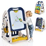 COSTWAY 3 in 1 Kids Art Easel, Height Adjustable Double-Sided Blackboard and Magnetic Whiteboard Easels with Bookshelf, Storage Tray & Drawing Accessories, Children Educational Toys Gift (Blue)