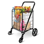 SereneLife Folding Grocery Utility Shopping Supermarket Cart with 360 Rolling Swivel Wheels, Large Capacity 110 lbs, Portable, Collapsible Compact Folding, for Grocery, Laundry, Luggage