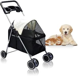 PaWz 4 Wheels Foldable Pet Stroller Dog Cat Travel Carrier Large Black, Removable Canopy Dog Pram with 2 Safety Leash, Detachable Folding Pet Stroller Trolley for Cats Dogs, Pet Carrier with Wheels