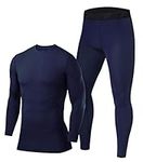 PowerLayer Men's Performance Base Layer Thermal Long Sleeve Top & Tights Compression Set - Navy Top + Navy Tights, XL
