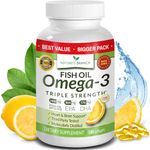 Product Details BEST TRIPLE STRENGTH Omega 3 Fish Oil Pills ★ 180 Capsules ★ 2500mg HIGH POTENCY Lemon Flavor 860mg EPA 650mg DHA Pure Burpless Liquid Softgels Best Brain Joints Eyes Heart Health Supplement