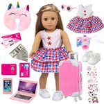 ZQDOLL 18 inch Doll Clothes and Accessories - Doll Travel Suitcase Play Set Including Suitcase Doll Clothes, Shoes, Sunglasses, Camera, Unicorn Pillow, for 18 inch Girl Doll(No Doll)