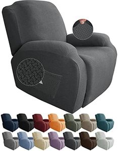 JIVINER Newest Design 4-Piece Recliner Chair Covers Stretch Jacquard Covers for Recliner Chair Recliner Slipcovers for Living Room Soft Recliner Protector with Pocket (Recliner, Dark Gray)