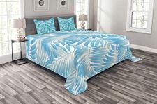 Ambesonne Leaf Bedspread, Miami Tropical Aquatic Palm Leaves with Exotic Colors Modern Summer Beach, Decorative Quilted 3 Piece Coverlet Set with 2 Pillow Shams, Queen Size, Turquoise Aqua Blue