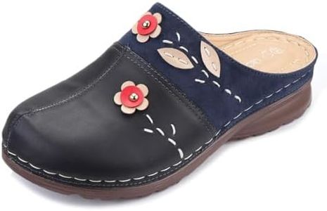 Clogs Shoes for Women, Summer Leather Slippers Comfort Work Clogs Slip on Loafers Wide Fit Mules Antil Slip Beach Shoes Flowers Wedge Sandals
