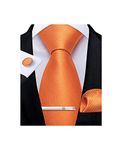 DiBanGu Solid Burnt Orange Necktie and Pocket Square Cufflinks Tie Clip Sets for Men Silk Formal Plain Necktie