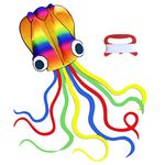 VIKSAUN Huge Rainbow Soft Octopus Kite for Kids and Audlts Large Kite with Long Tail 100m line Great Gift to Boys Girls with Kite String and Handle Beach Trip Outdoor Game (Rainbow)