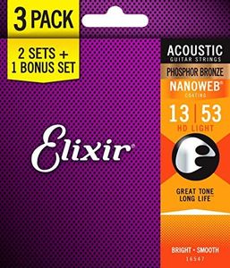 Elixir® Strings 16547 Acoustic Phosphor Bronze Guitar Strings with NANOWEB® Coating, 3 Pack, HD Light (.013-.053)