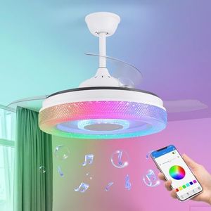 LOKUNM Ventilateur Plafond avec Lumiere avec Haut-parleur Bluetooth Ventilateurs de Plafond à Pales Rétractables avec Telecommande RGB,Réversible,Minuterie,6 vitesses- Chambre，Salle des enfants,Salon