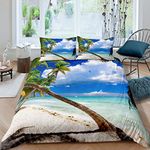 Beach Comforter Cover Set Palm Tree on The Beach Decor Duvet Cover Ocean Theme Bedding Set 3pcs for Kids Boys Girls Microfiber Bedspread Cover with 2 Pillow Cases(No Comforter) King Size