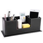 Leather Pen Holder Desk Organiser Multifunction Pen Pot Remote Control Holder Stand and Business Cards Holder Office Supplies Storage Box Caddy Anti-Slip Base for School Home