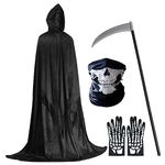 Woeau 4 PCS Grim Reaper Costume Set - Halloween Costumes for Adult and Kids, Black Cloak, Grim Reaper Staff, Skull Mask and Skeleton Gloves, Death Reaper Costume Accessory