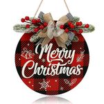 CHDITB Merry Christmas Hanging Decor Welcome Wreath Hanging Sign Christmas Ornament Decoration Rustic Burlap Wooden Holiday Decor for Front Door,Red and Black(11.4x11.4inch)