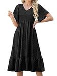 GRECERELLE Womens Summer Casual Midi Maxi Dress V Neck Flared Sleeve Elastic Waist Cocktail Long Dresses for Women (Black, L)