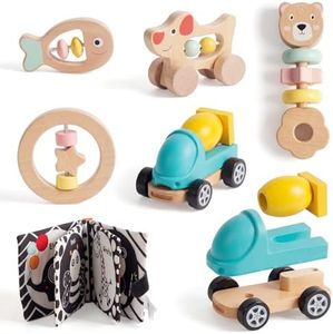 Wooden Rattle for Baby, Montessori Infant Toys Set with Pull Along car, Soft Cloth Book, Hand Rattles,Developmental Toy for 1 Year Old Girl Boy Birthday Gift