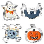 Crethinkaty 4 Pieces Halloween Cookie Cutters Set for Baking - Ghost,Bat,Pumpkin and Skull Shape Stainless Steel Holiday Biscuit/Pastry Cutter