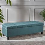 ROUNDHILL FURNITURE Mango Wood 2 Seater Upholstered Ottoman Bench With Storage Settee Sofa Couch Button Tufted Pouffe For Living Room Bedroom Office (Sea Green)