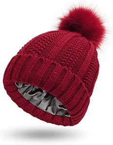 Micoop Winter Knitted Beanie Hat Soft Warm Satin Lined Ski Cuff Cap with Pom Pom for Girls and Women, Red, X-Large