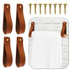 Abeillo 4 Pcs Leather Wall Hooks, Medium Leather Straps Hanger Towel Hook, Leather Strap Shelf Wall Hanging Strap Holder for Bathroom Kitchen Bedroom Nordic Boho Decor(Blown)