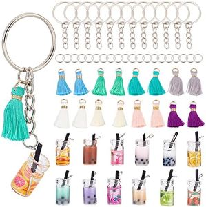 OLYCRAFT Pack of 60 Bubble Tea Key Rings Kit Colourful Boba Key Fob Milk Tea Key Chain Accessories with Tassels Key Ring for DIY Key Chain Jewellery Making