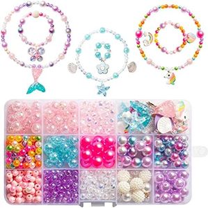 DIY Bead Jewelry Making Kit for Kids Girls with Mermaid Starfish Shell Unicorn Rainbow Butterfly Heart Pearl Charms Beads for Bracelets Rings Necklaces Creativity Beading Kits Art Craft, 450Pcs+