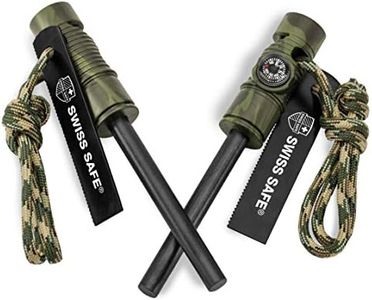 Swiss Safe 5-in-1 Fire Starter with Compass, Paracord and Whistle (2-Pack) for Emergency Survival Kits, Camping, Hiking, All-Weather Magnesium Ferro Rod (Jungle Camouflage Green)