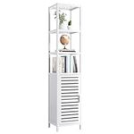 HITNET Bathroom Storage Cabinet, Bamboo Tall Narrow Linen Floor Standing Tower Organizer with Shutter Door and 4 Open Shelves for Kitchen, Living Room, Bedroom, White