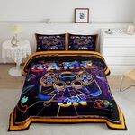 Gamer Comforter Set for Girls Boys Children Gaming Neon Orange Blue Comforter Game Room Decor Bedding Set Room Decor Hippie Graffiti Gamepad Modern Duvet Set Full Size Quilt Set 3Pcs