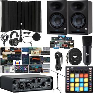 LyxPro 2x2 USB Audio Interface with Creative Software Bundle, Active Studio Monitors, MIDI Pad Controller, Recording Shield, 2-Channel