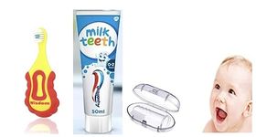 Wisdom Step-by-Step Baby Toothbrush 0-2 Years + Aquafresh Milk Teeth Babies Toothpaste 50ml + Sanitral Silicone Baby Finger Toothbrush -Set of 3