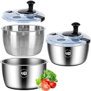 5.3 Qt Stainless Steel Salad Spinner, BOMANSI BOMS Vegetable Spinners, Lettuce Spinner, Fruit Washer, Large Salad Spinners, Dishwasher Safe, 304 Stainless Steel Bowl & Basket