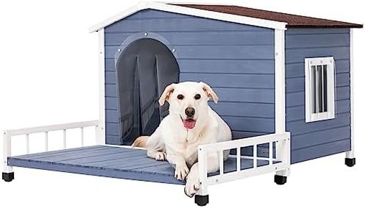 Petsfit Large Dog House with Terrace & Openable Asphalt Roof, 45" L x 54" W x33 H, XL Dog House Outdoor with Elevated Floor, Window & Door Flap, Outdoor Dog House for Large Dogs